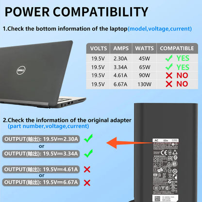 65W Laptop Charger Fit for Dell Latitude 5280 5290 5490 5491 5285 5289 5480 5488 5580 5590 5591 Latitude E5470 E6430 E6420 E7470 E5420 7490 AC Power Adapter 19.5V 3.34A, LA65NM191 ，Barrel 7.4mm tip