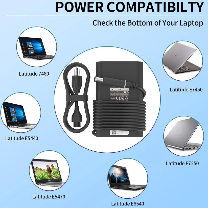 65W Laptop Charger Fit for Dell Latitude 5280 5290 5490 5491 5285 5289 5480 5488 5580 5590 5591 Latitude E5470 E6430 E6420 E7470 E5420 7490 AC Power Adapter 19.5V 3.34A, LA65NM191 ，Barrel 7.4mm tip